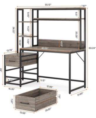 55 Inch Computer Desk with 2 Drawers and Storage Shelves, Rustic Office Desk with Hutch, Study Writing Gaming Table Laptop Workstation