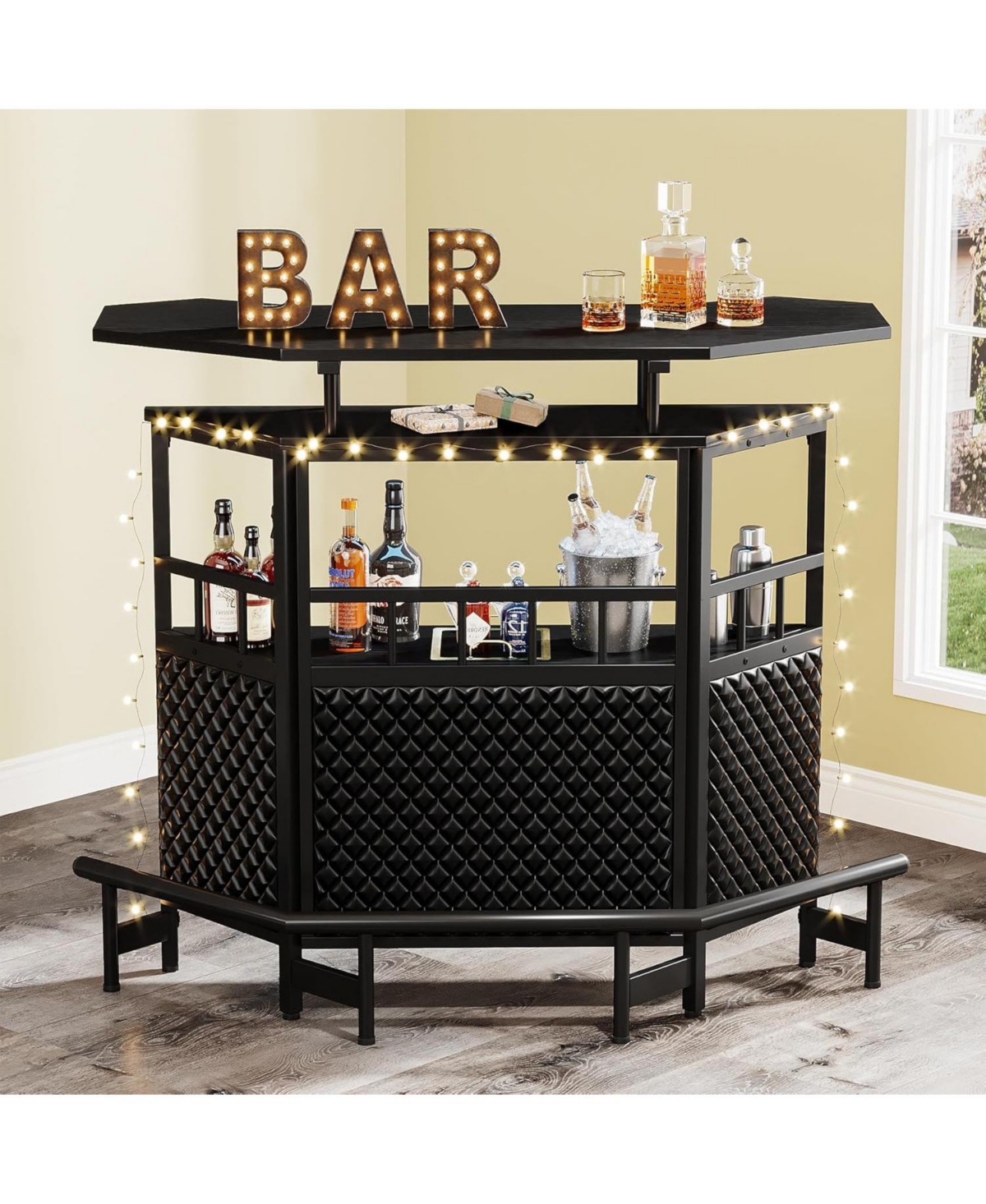 Tribesigns Home Bar Unit 4 Tier Liquor Bar Table with Wine Glass Holder and Storage Shelves, Mini Wine Bar Cabinet with Foot Rail for Home/Kitchen/Bar