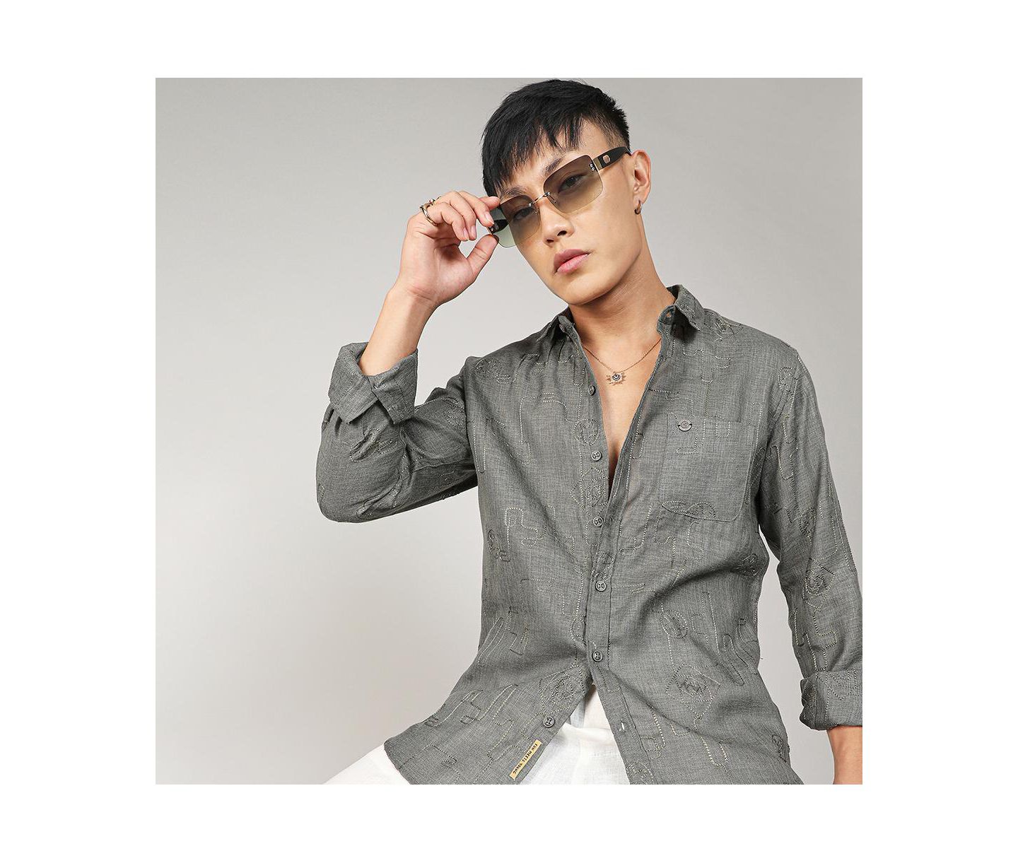 Мужская рубашка Cahoot Campus Sutra Olive Green Embroidered One-Lined — фото 2