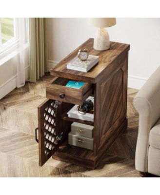 End Table Set of 2, Narrow Side Table with Drawer and Cabinet, Farmhouse Nightstand Sofa End Table for Small Space, Living Room, Bedroom, Vintage Brown
