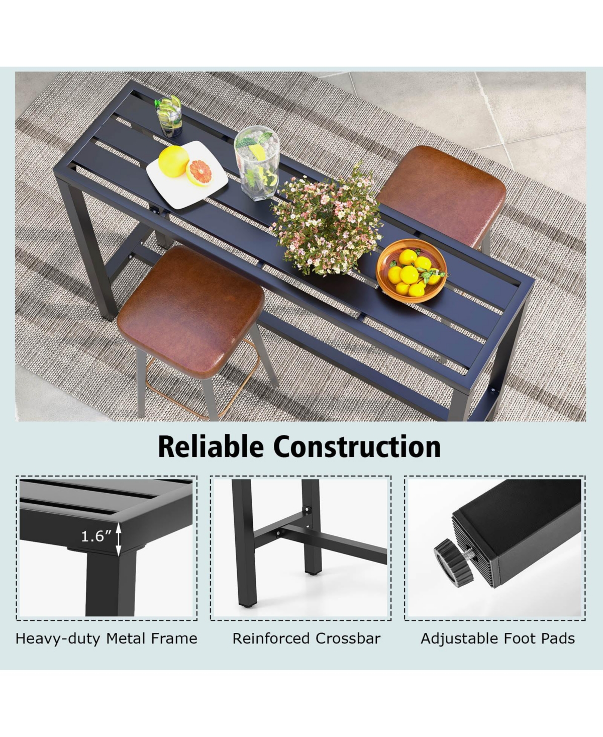 Inolait Outdoor Bar Table with Waterproof Top and Heavy-duty Metal Frame