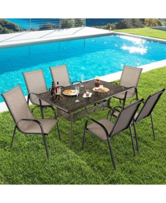 59 Inch Aluminum Patio Dining Table with Umbrella Hole fot 6 Persons