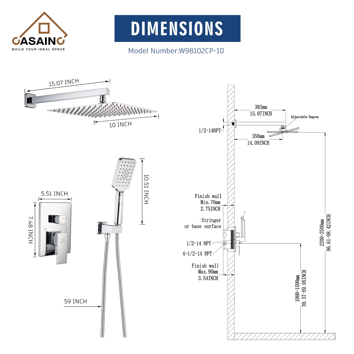 Casainc Inch Wall Mounted Square Rain Shower Head Set with Anti-scald Valve