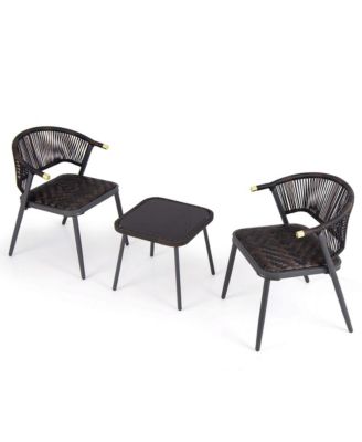 3 PCS Patio Rattan Furniture Set with Tempered Glass Tabletop Wicker Seat