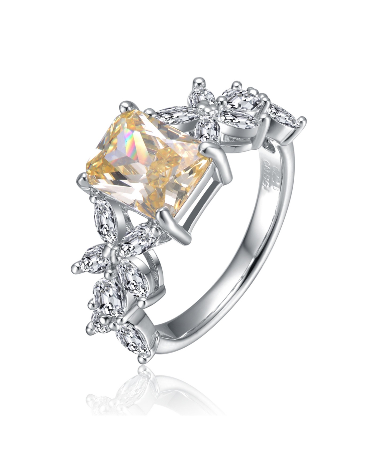 Sterling Silver Canary Yellow & White Cubic Zirconia Radiant Leaf Trellis Cluster Statement Ring - Yellow