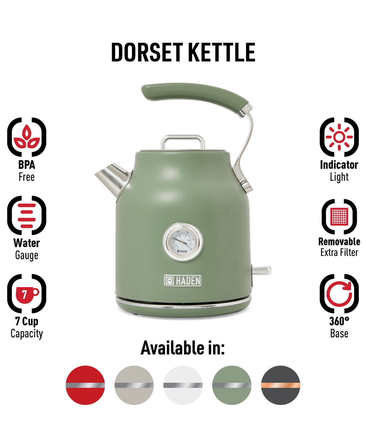 Haden Dorset 1.7 Liter Electric Water Kettle, 75171 In Cedar Green Chrome