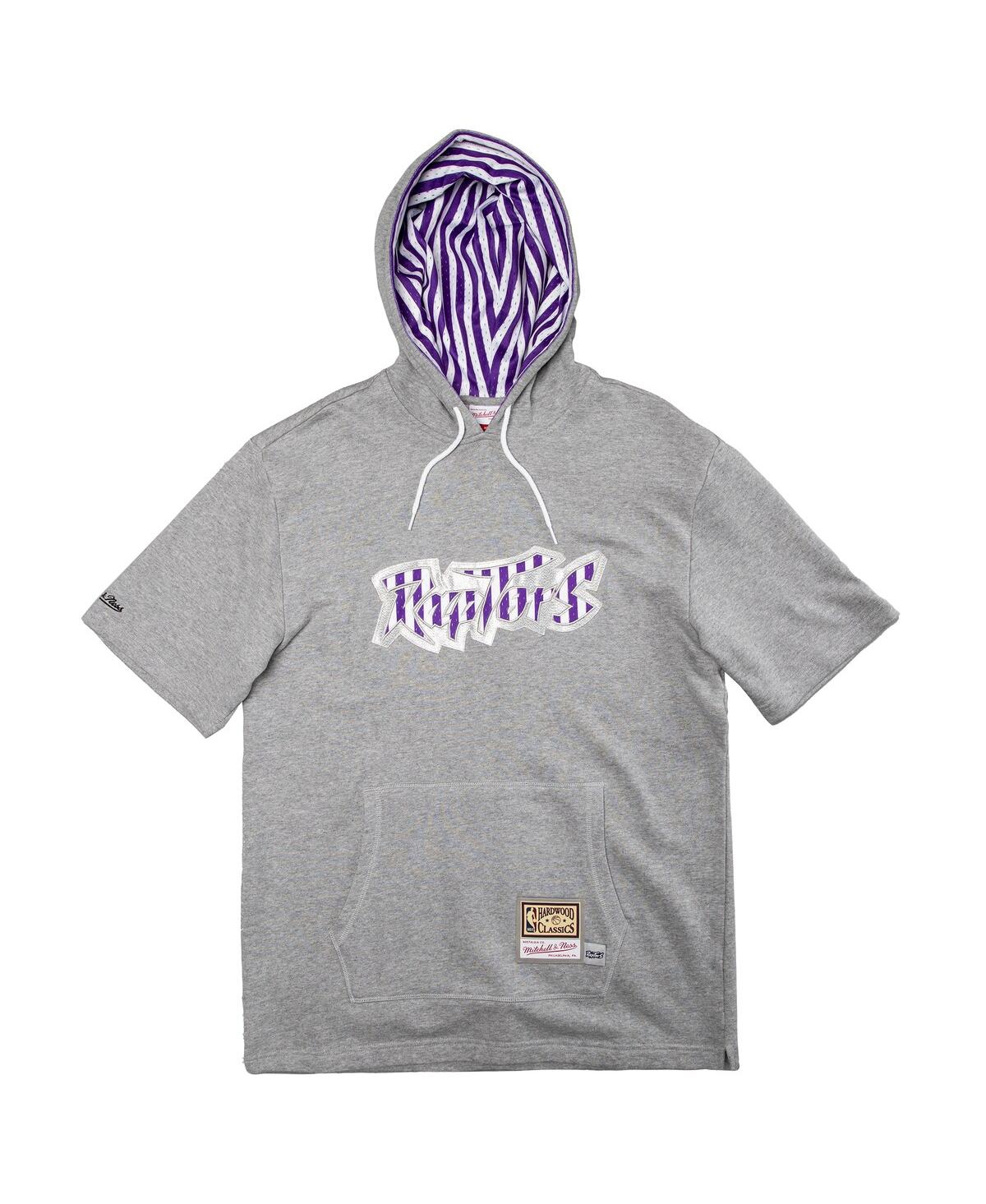 Mitchell & Ness Men'sToronto Raptors Striped Logo Short Sleeve Pullover Hoodie - Heather Gray