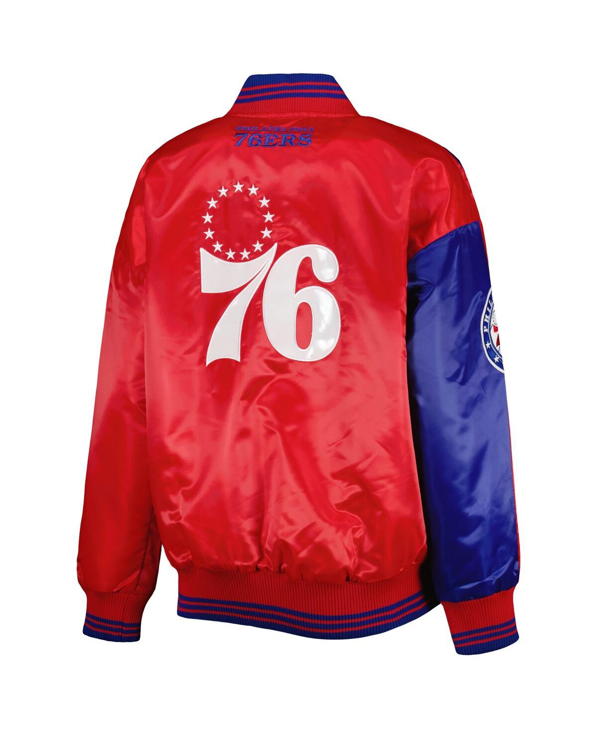 STARTER WOMEN'S ROYAL/RED PHILADELPHIA 76ERS SPLIT COLORBLOCK SATIN FULL-SNAP VARSITY JACKET 