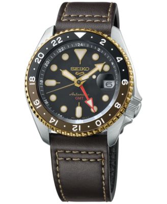 Seiko - Men's Automatic 5 Sports Black Leather Strap Watch 42mm
