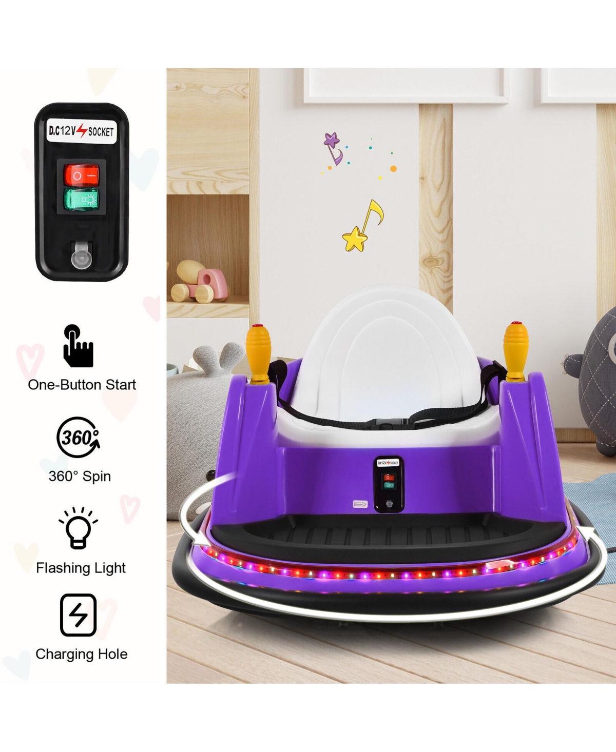Gymax 12V Vehicle 360 Degree Spin Race Toy Kids Ride On Bumper Car w/ Remote Control Pink - Purple+black+white+yellow