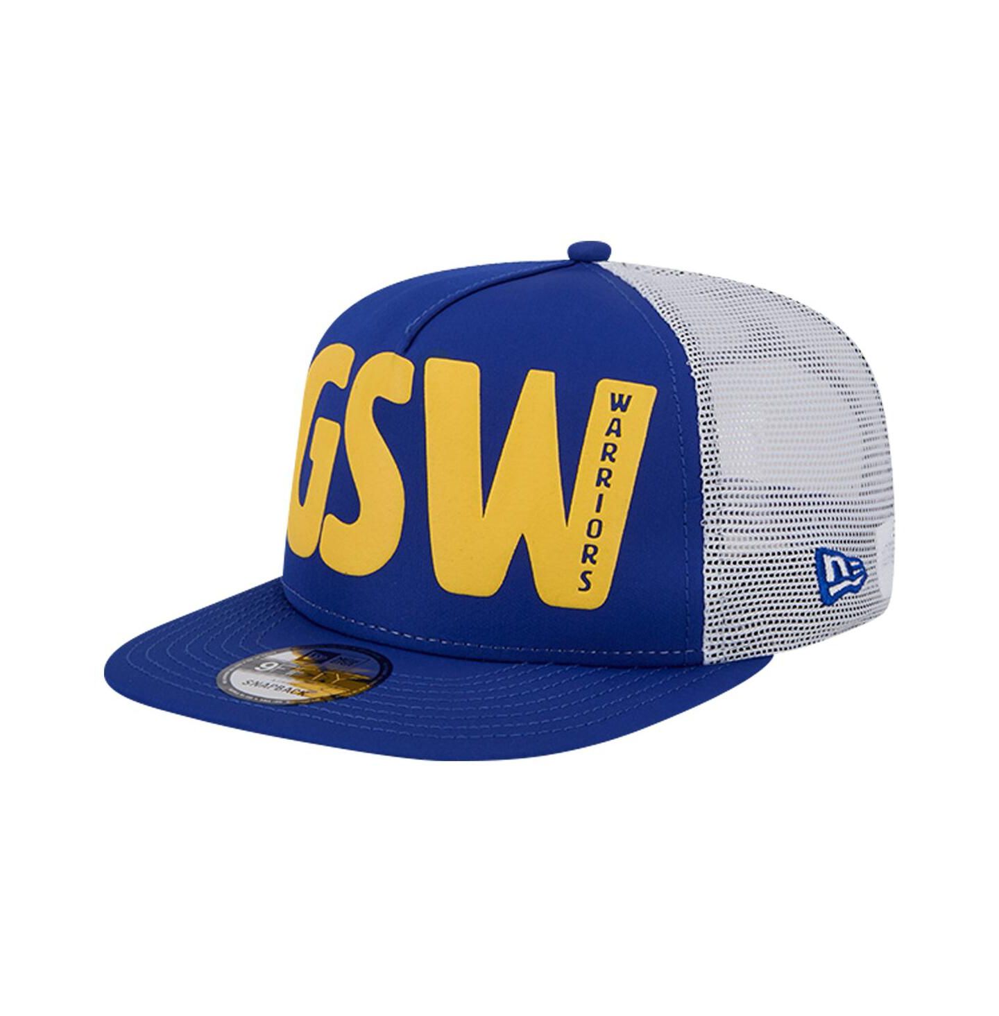 Мужская кепка New Era Royal Golden State Warriors Puff Print Team Code A-Frame 9FIFTY Trucker Snapback Hat — фото 1