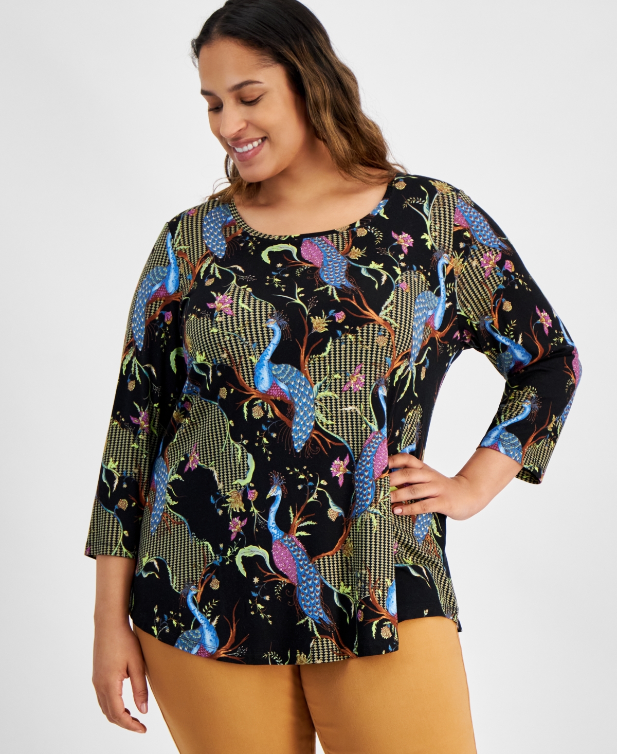 Jm Collection Plus Size Paradise Peacock Top, Created for Macy's