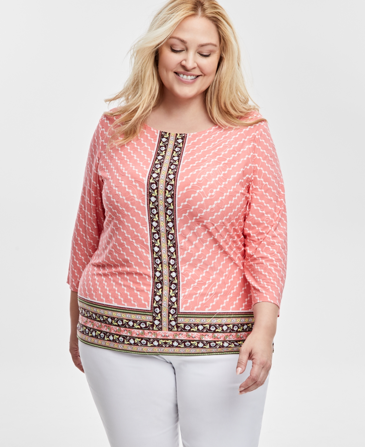 Jm Collection Plus Size Jacquard 3/4-sleeve Top, Exclusively At Macy's In Cheerful Pink