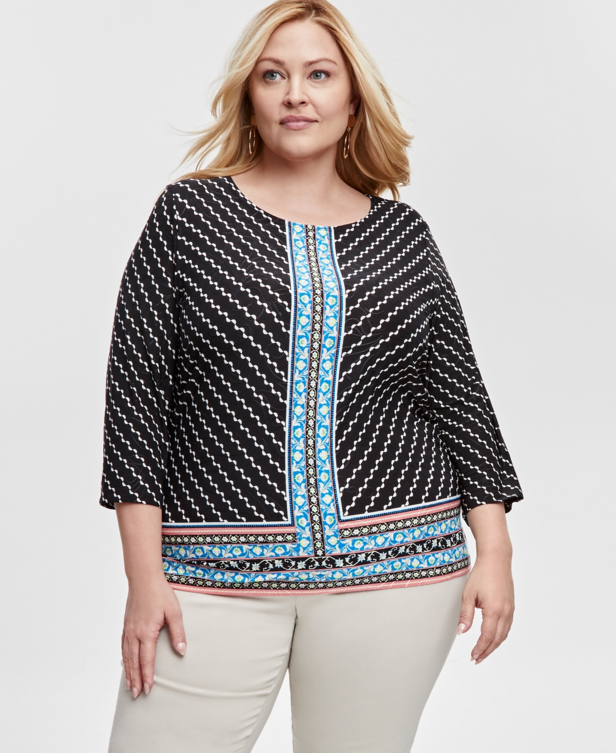 Jm Collection Women's Printed Jacquard Scoop-neck Top, Created For Macy's In Deep Black