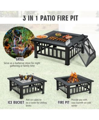 32 Inch 3 in 1 Outdoor Square Fire Pit Table with BBQ Grill and Rain Cover for Camping