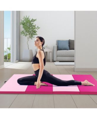 4-Panel PU Leather Folding Exercise Mat with Carrying Handles-Hot Pink