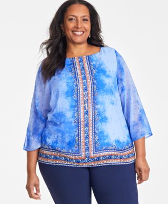 JM Collection - Plus Size Printed Split-Sleeve Necklace Top