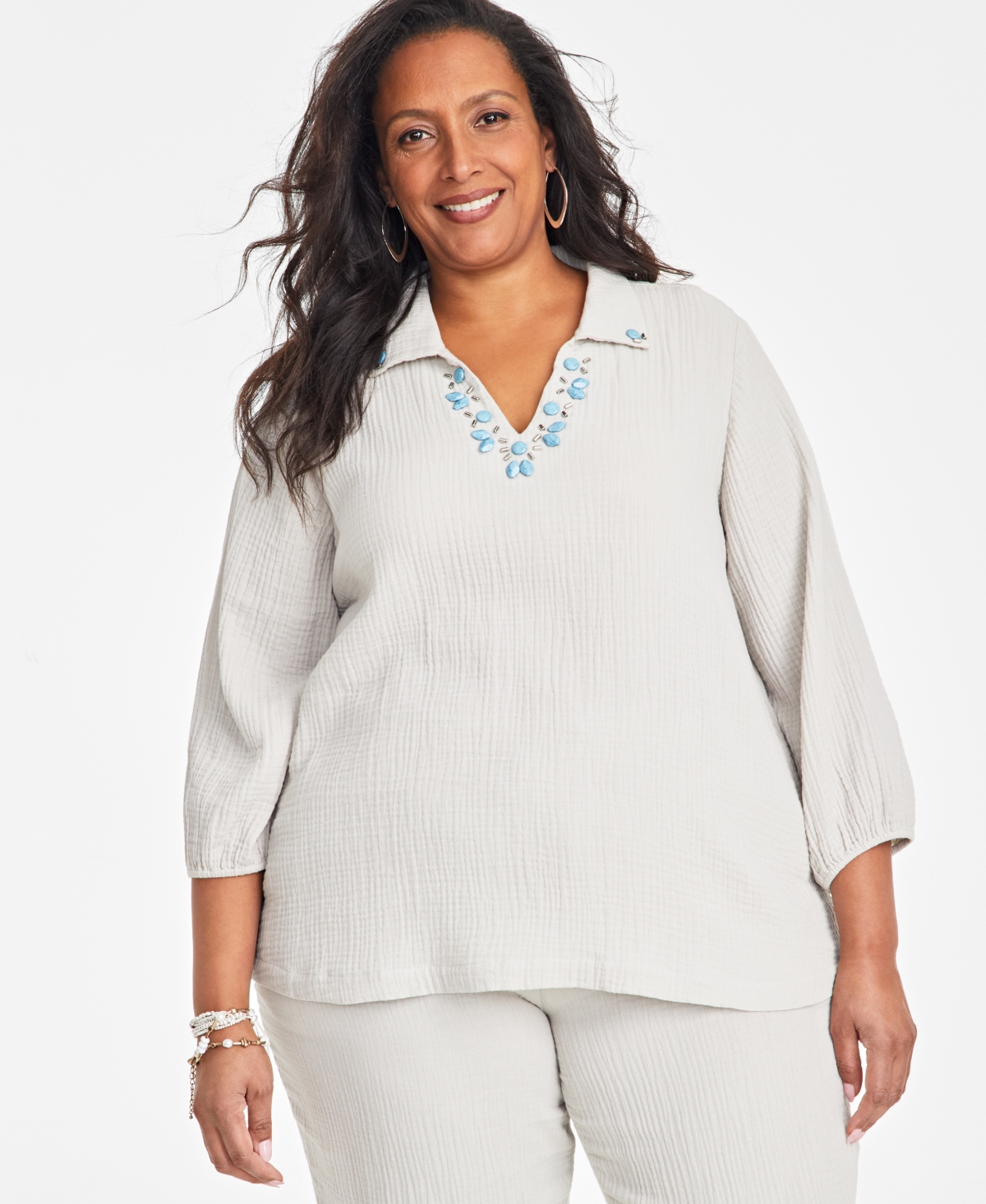 JM COLLECTION PLUS SIZE EMBELLISHED COLLAR COTTON GAUZE TOP, EXCLUSIVELY AT MACY'S 