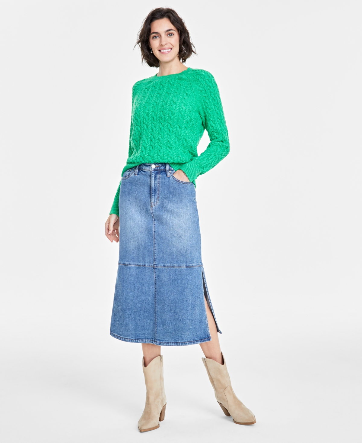 Shop On 34th Women's Cozy Cable-knit Crewneck Sweater, Created For Macy's In Bright Green