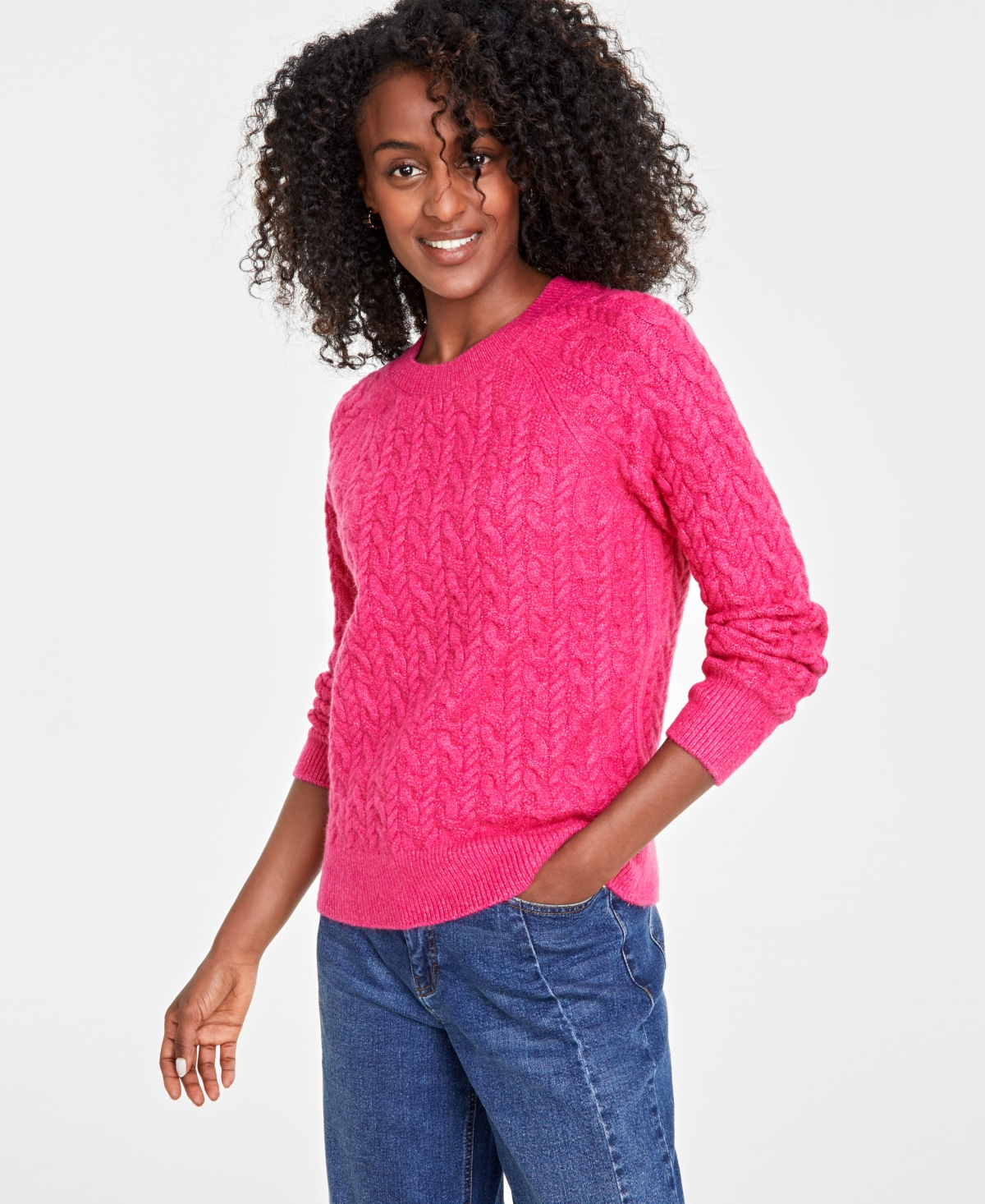 Shop On 34th Women's Cozy Cable-knit Crewneck Sweater, Created For Macy's In Fuchsia Purple