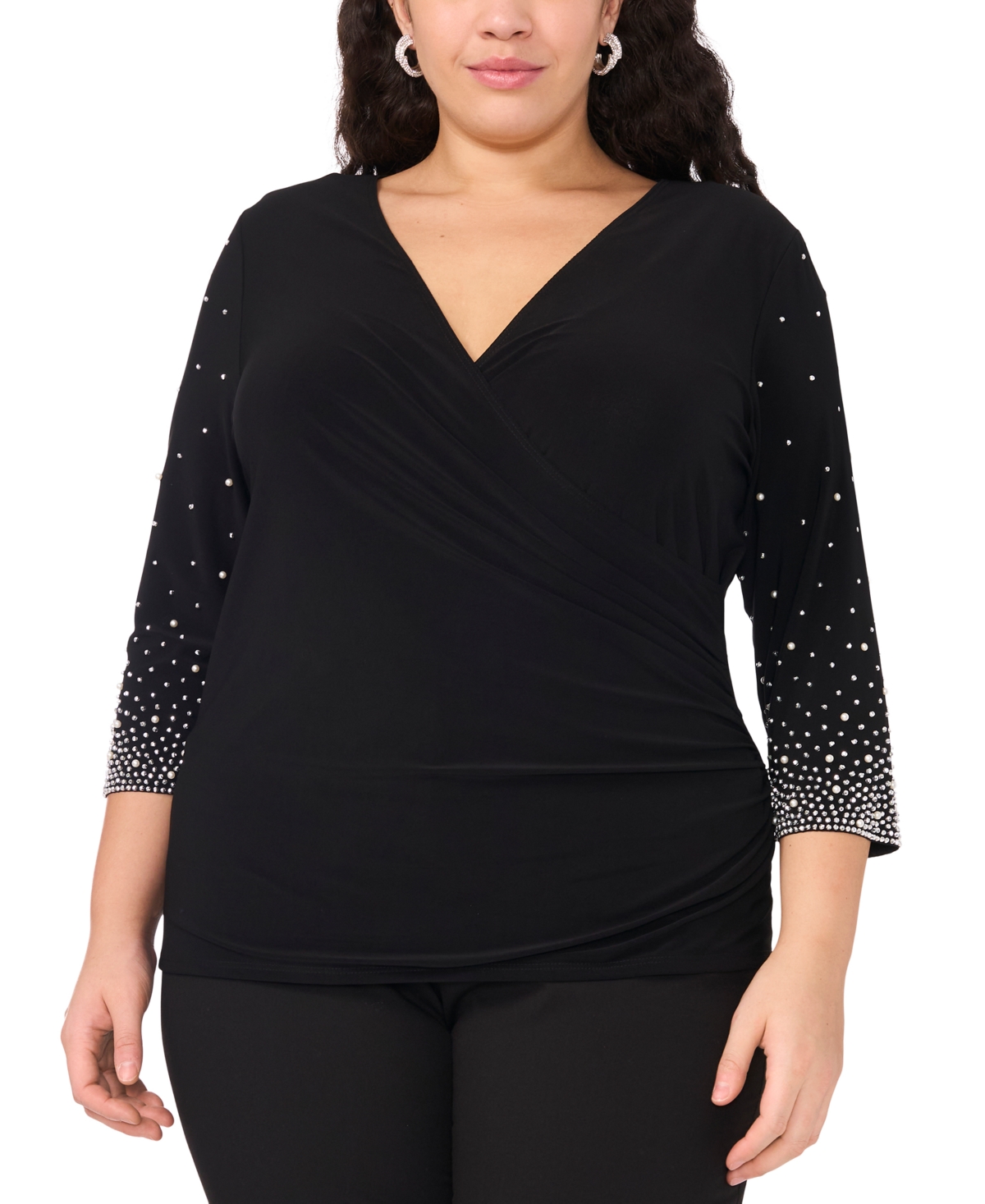 Plus Size Surplice V-Neck Beaded-Sleeve Knit Top - Black