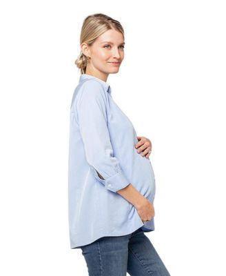 Maternity No-Gap 3/4 Sleeve Nursing Button Down Shirt in with Bra Concealing Design in TENCEL