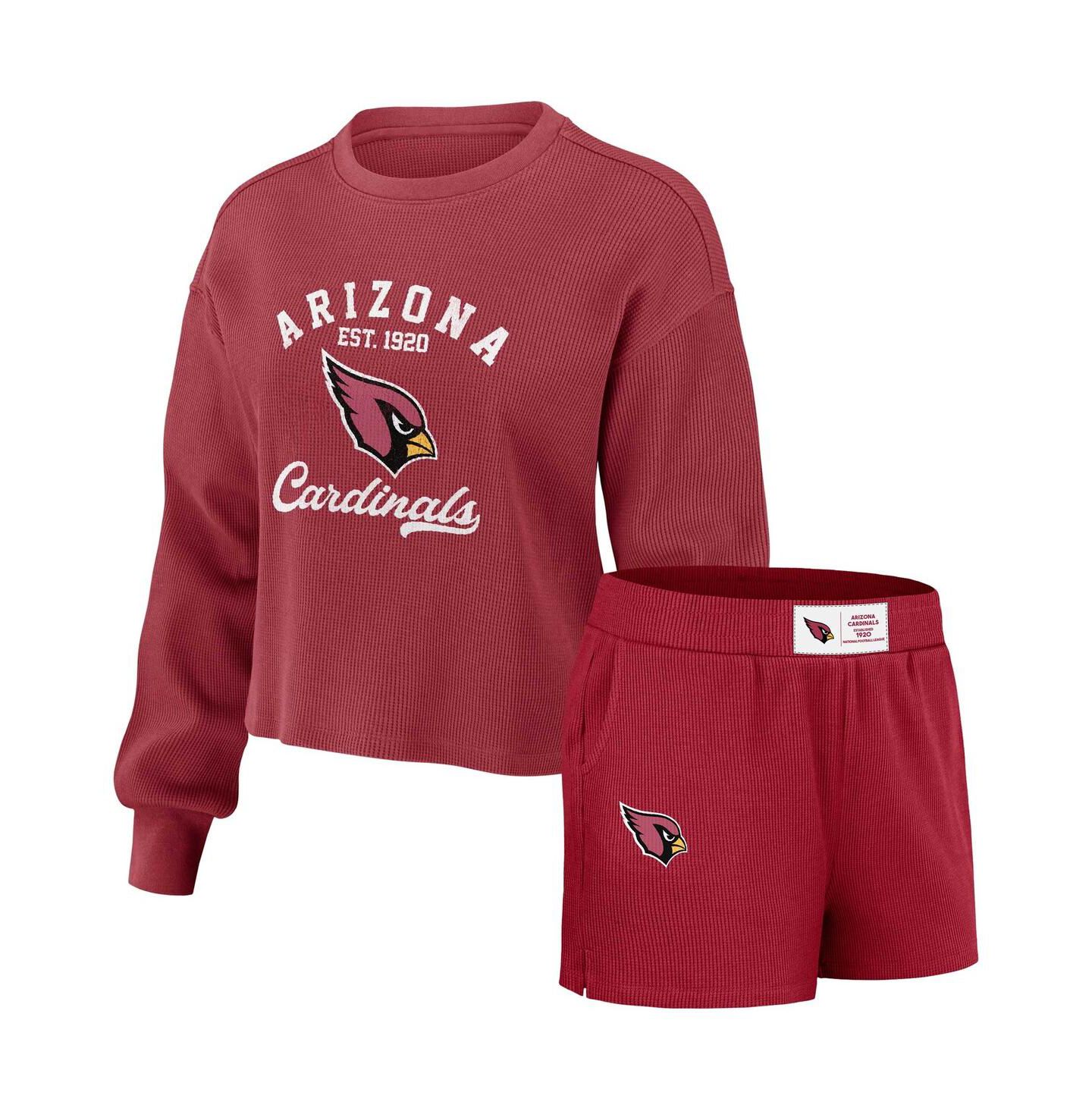 WEAR by Erin Andrews Women's Cardinal Arizona Cardinals Waffle Knit Long Sleeve T-Shirt & Shorts Lounge Set — фото 1