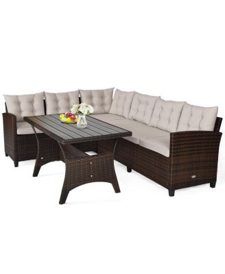 3 Pieces Hand-Woven Rattan Outdoor Sofa Set with Dining Table