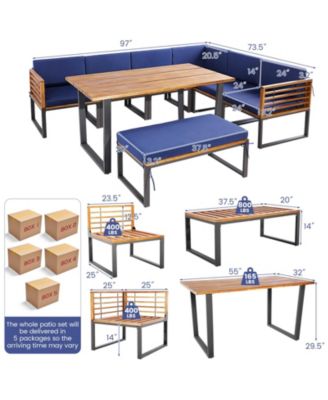 8 Pieces Patio Acacia Wood Dining Table Set with Ottoman Cushions