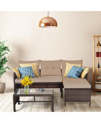 3 Pieces Outdoor Patio Corner Rattan Sofa Set