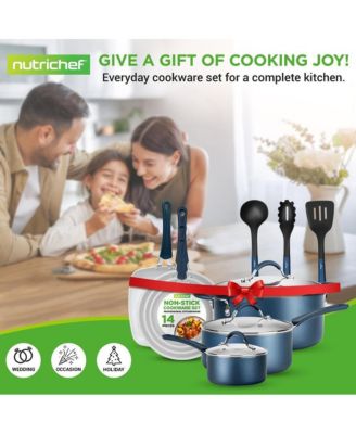 14-Piece Navy Blue Cookware Set - Durable Non-Stick Pots and Pans Set with Lids & Utensils, Compatible with All Cooktops