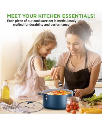 14-Piece Navy Blue Cookware Set - Durable Non-Stick Pots and Pans Set with Lids & Utensils, Compatible with All Cooktops