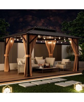 10x13ft Double-Roof Patio Hardtop Gazebo with Galvanized Steel Roof Netting and Curtains-Coffee