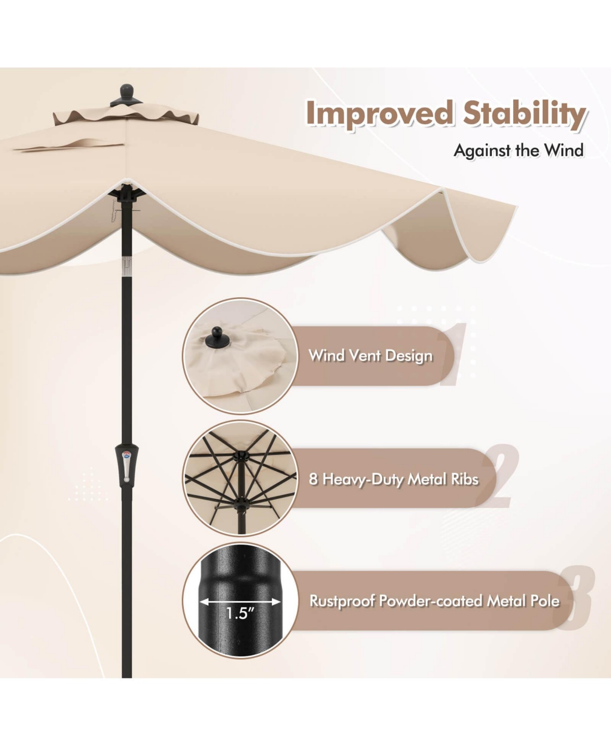 9 Ft Patio Umbrella 2-Tier Market Table with Crank Handle & 8 Ribs