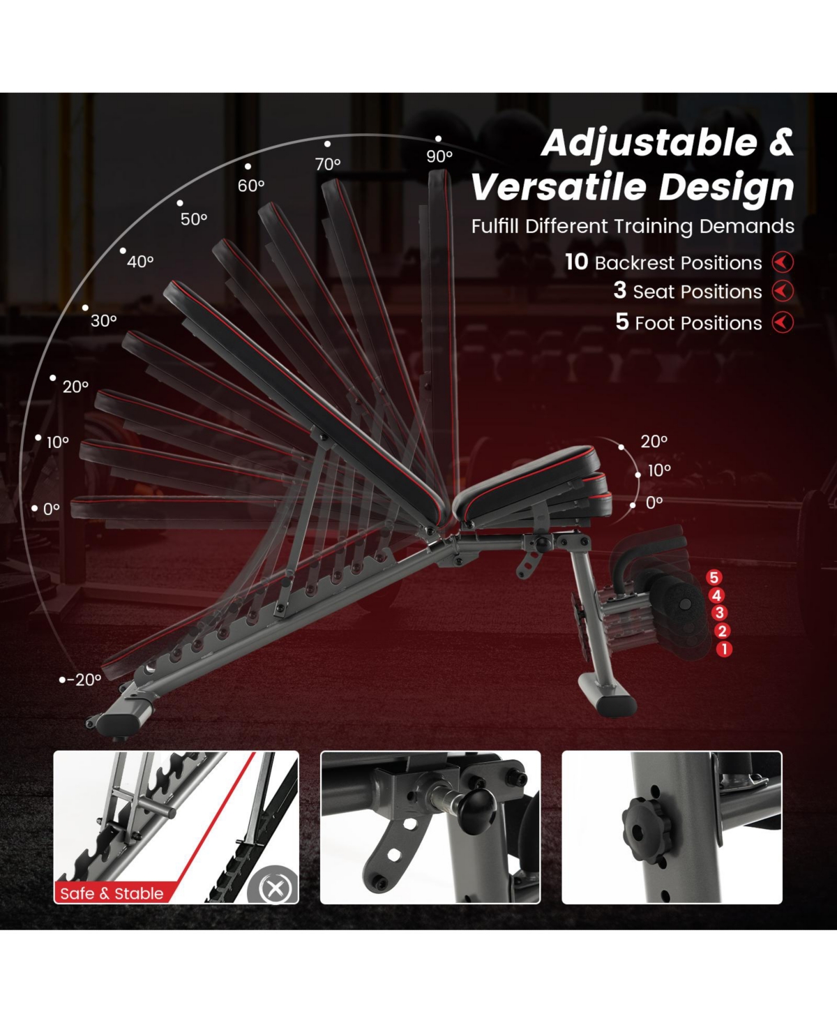 Sugift 660 Lbs Strength Training Bench with 10 Back and 3 Seat for Full Body Workout- Black