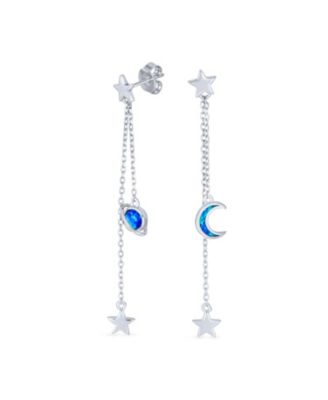 Elegant Celestial Crescent Moon Stars Long Chain Dangle Earrings Blue Synthetic Opal Inlay 925 Sterling Silver