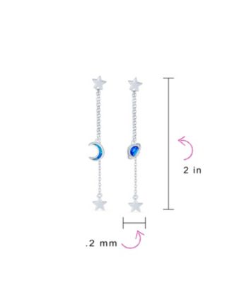 Elegant Celestial Crescent Moon Stars Long Chain Dangle Earrings Blue Synthetic Opal Inlay 925 Sterling Silver