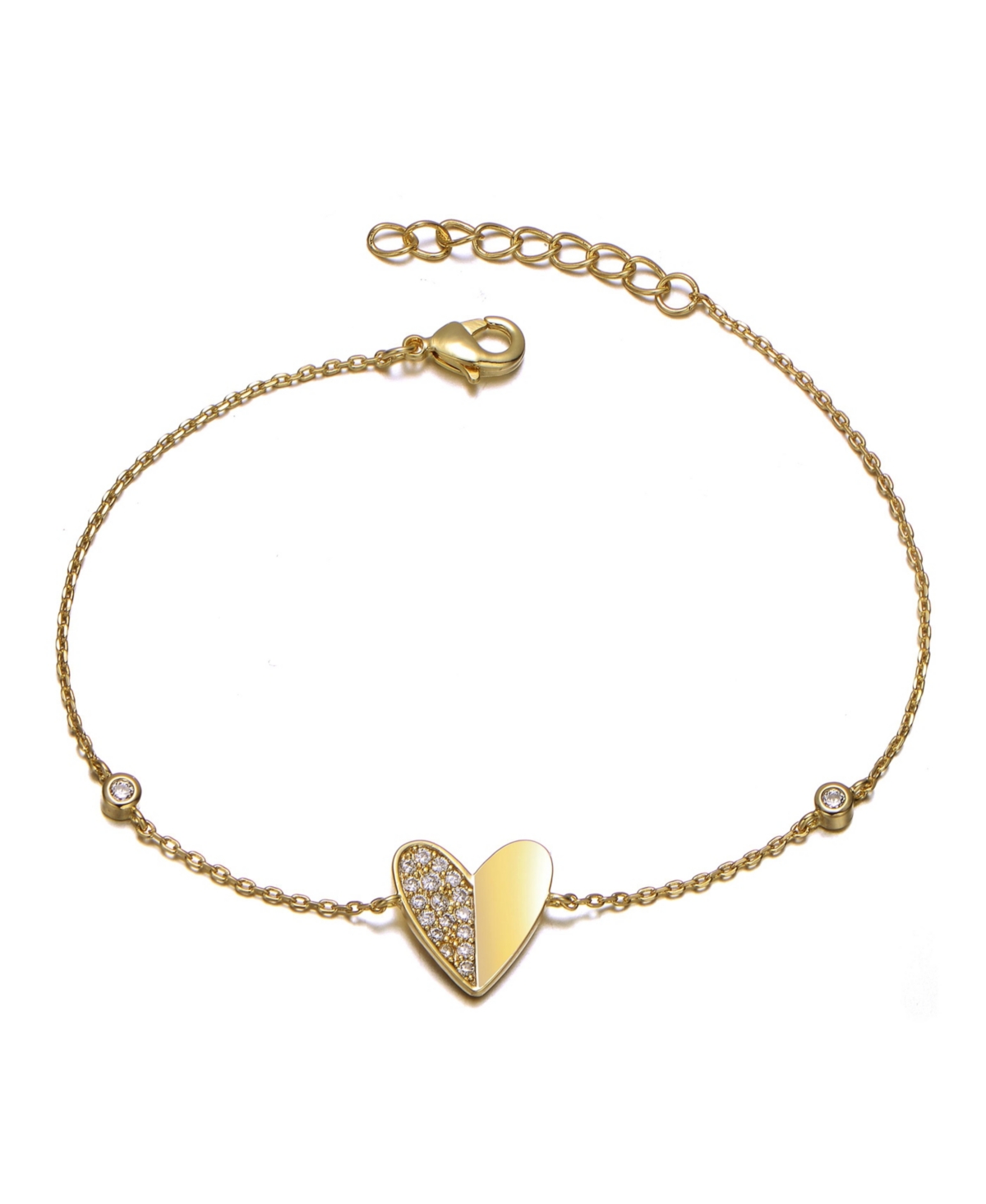 14K Gold Plated Cubic Zirconia Heart Station Charm Bracelet - Gold