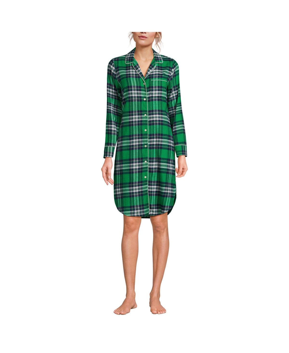 Women's Drapey Flannel Long Sleeve Button Down Knee Length Sleepshirt Nightgown - True green plaid