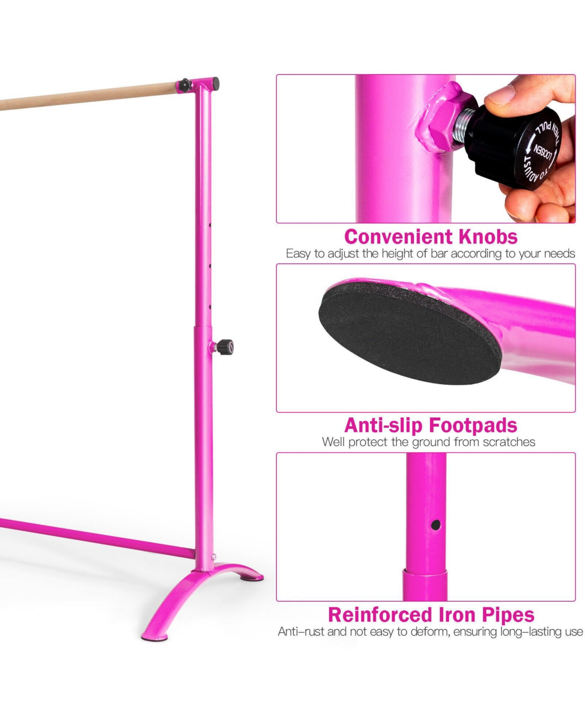 Sugift 51 Inch Ballet Barre Bar with 4-Position Adjustable Height-Pink