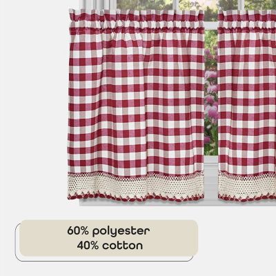 2 Piece Country Farmhouse Buffalo Plaid Rod Pocket Cafe Tier Curtain Panels With Macrame Border