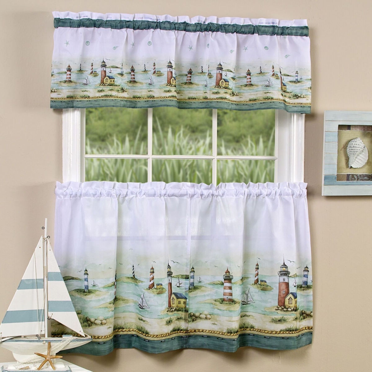 Kate Aurora Hamptons Coastal Town Complete 3 Piece Kitchen Curtain Tier & Valance Set