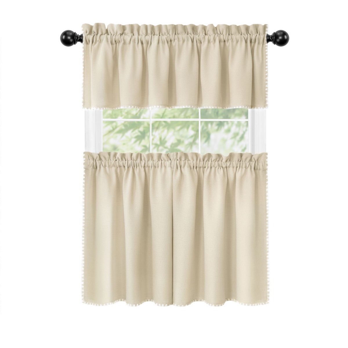 Kate Aurora Coastal Hamptons Living Complete 3 Piece Textured Kitchen Curtain Tier & Valance Set