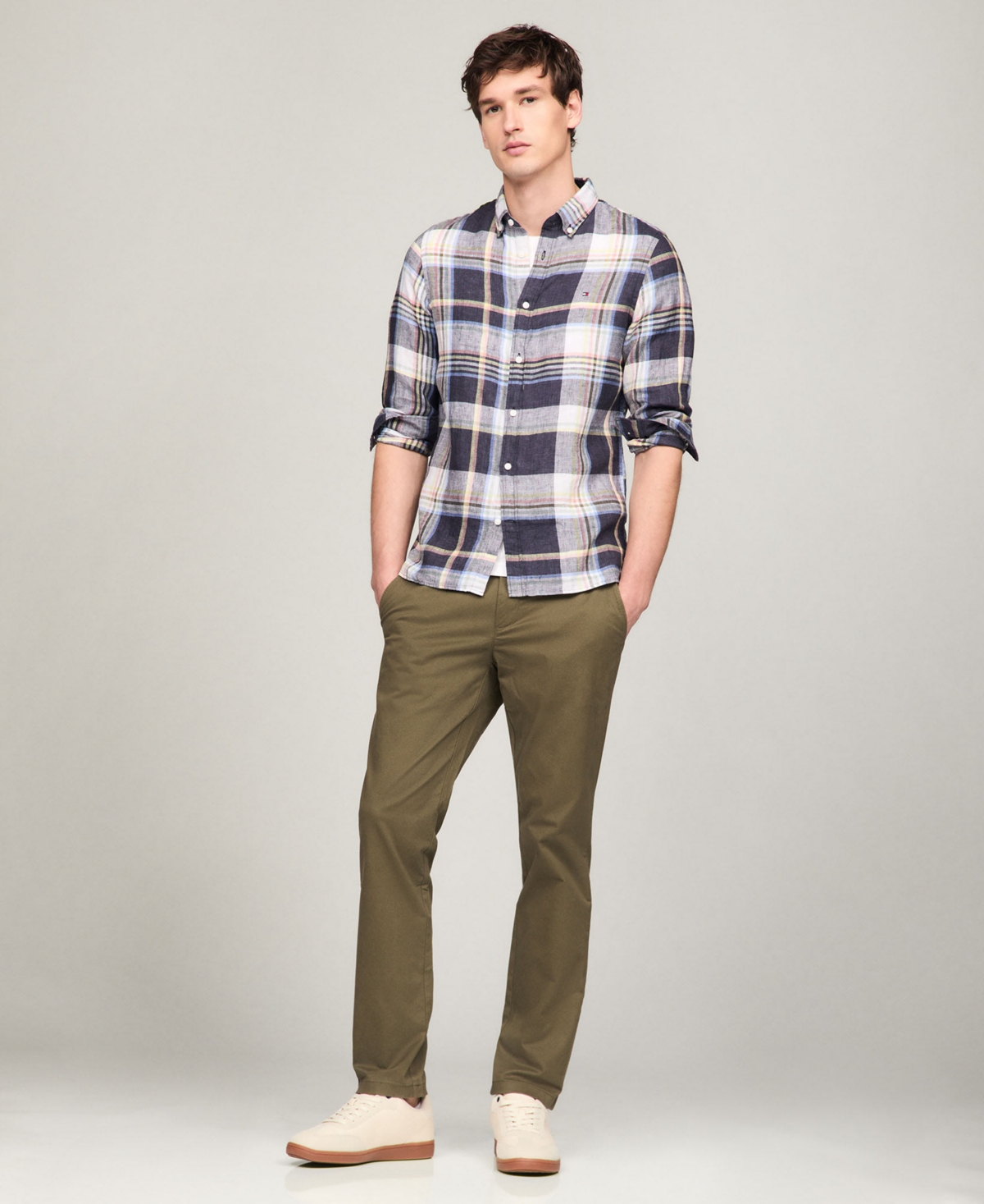 Shop Tommy Hilfiger Men's Iconic Linen Check Slim-fit Long-sleeve Shirt In Blue Check