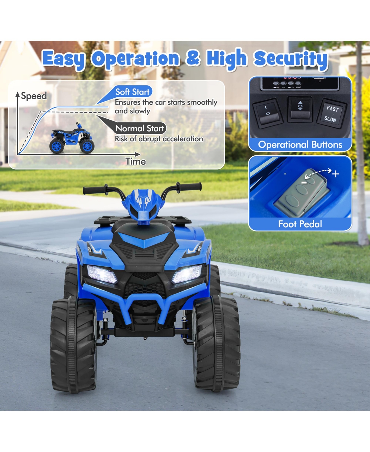 Gymax Kids Ride-On Atv 24V Battery Powered Electric Vehicle w/ Wireless Connection Music Radio Pink - Blue+black