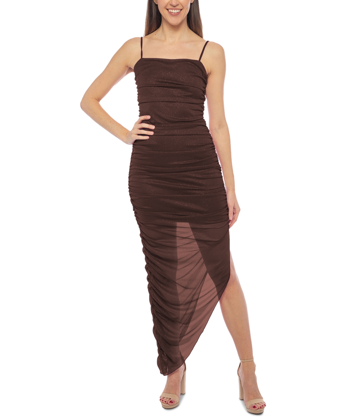 Juniors' Glitter Bodycon Asymmetrical-Hem Dress - Chocolate