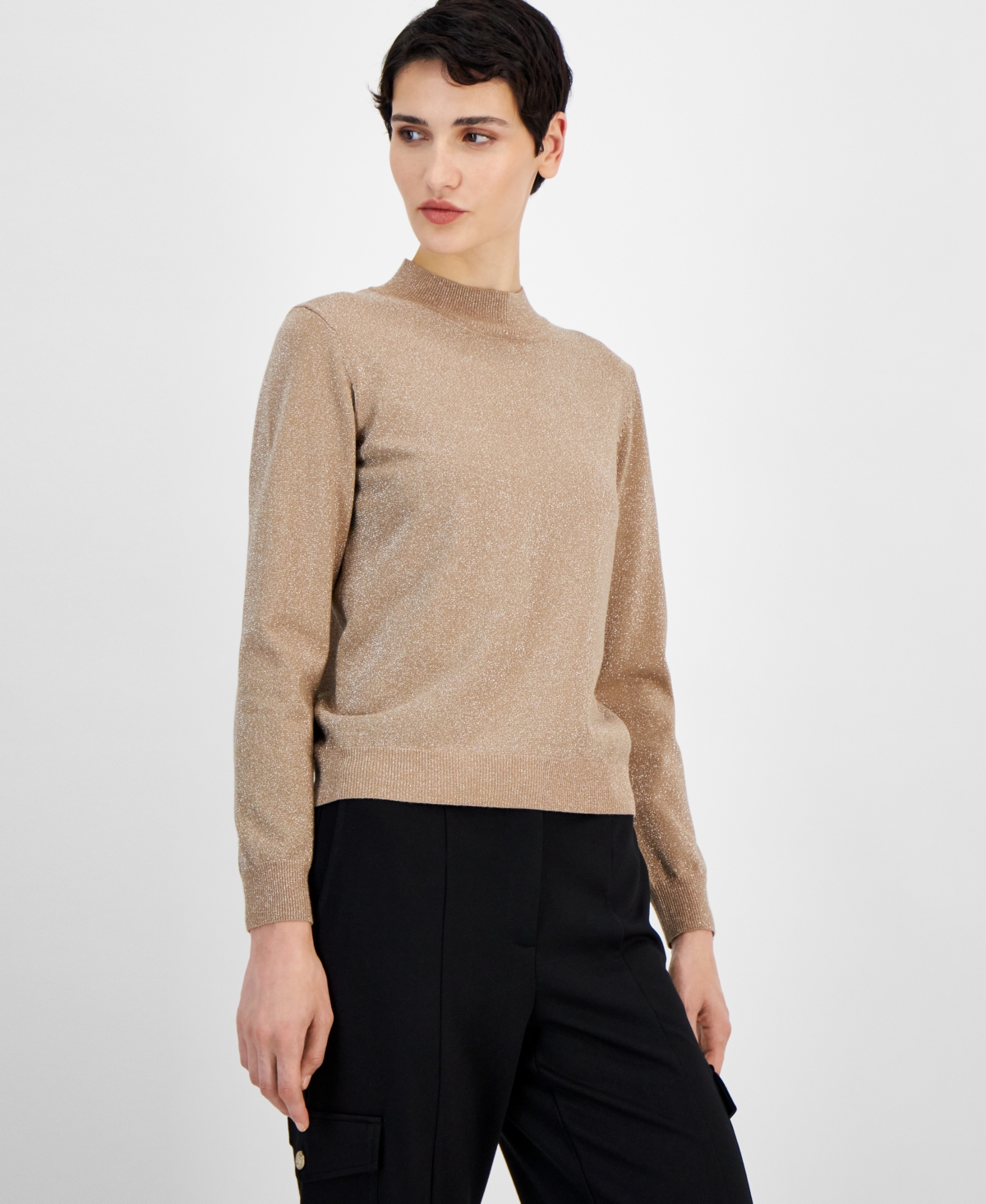 T Tahari Women's Metallic Mock-Neck Long-Sleeve Sweater