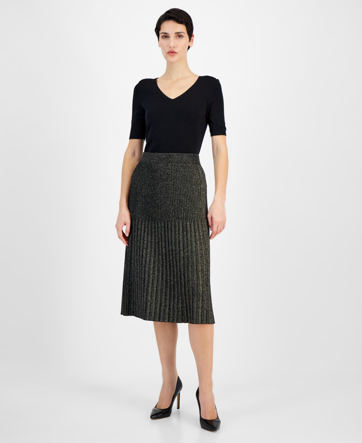 T Tahari Women's Metallic Pleated Pull-On Midi Skirt -gold Lurex
