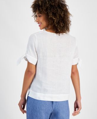Women's 100% Linen Split-Neck Tie-Cuff Top, Created for Macy's