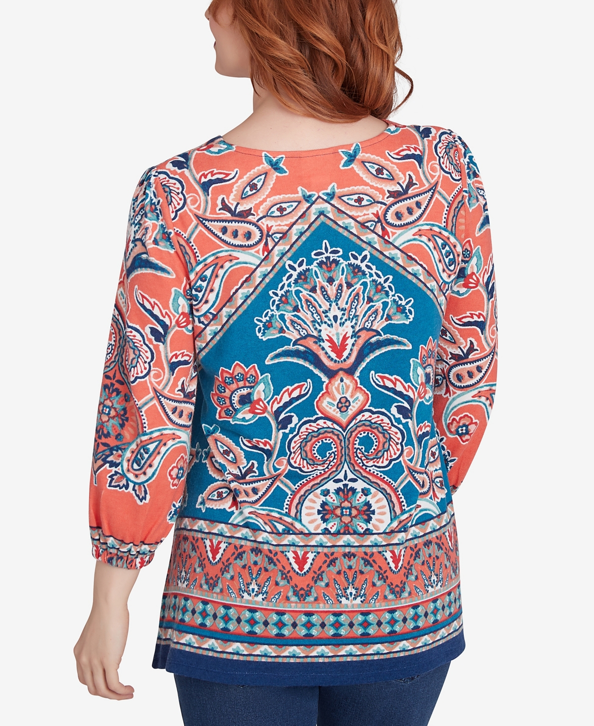 RUBY RD. PETITE EMBELLISHED SPLIT NECK BAROQUE MOTIF PRINTED HATCHI KNIT TOP WITH BALLOON SLEEVES 